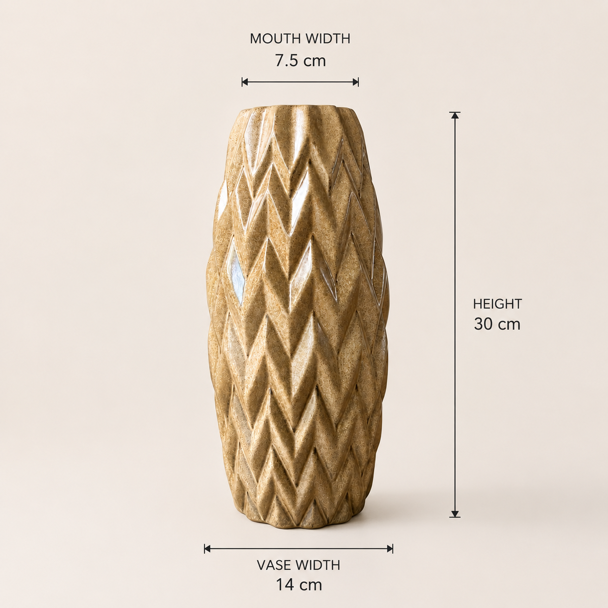Ceramic vase with chevron geometric pattern and measurements on a beige background