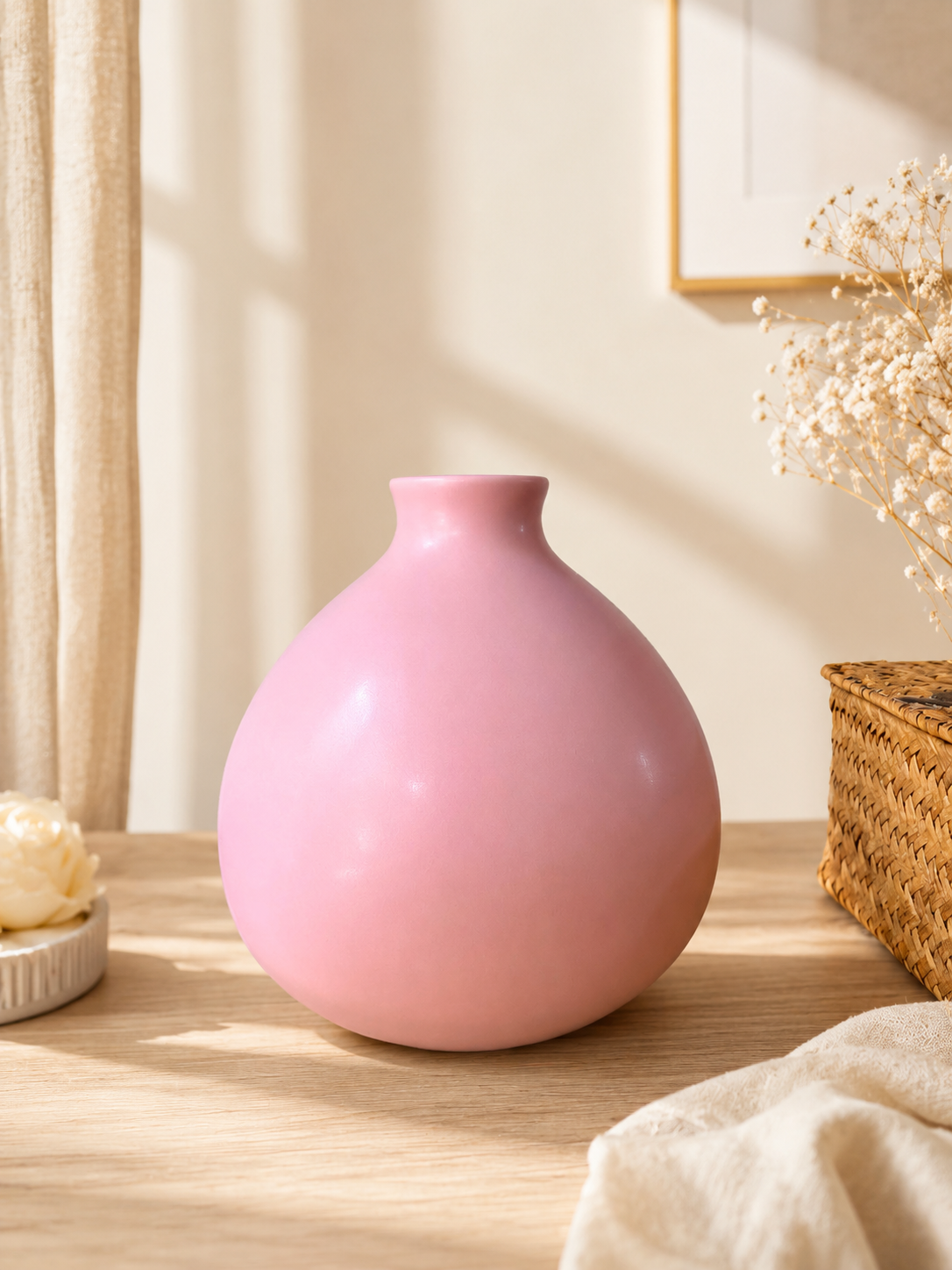 Pink vase on a wooden surface with a neutral background