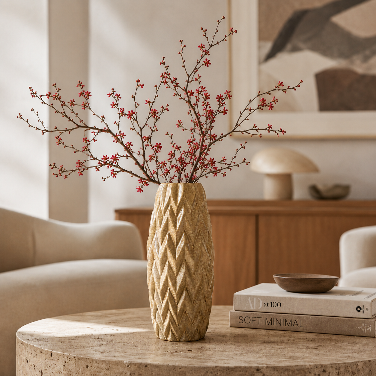 Decorative chevron patterned ceramic vase with red branches on a coffee table in a living room setting